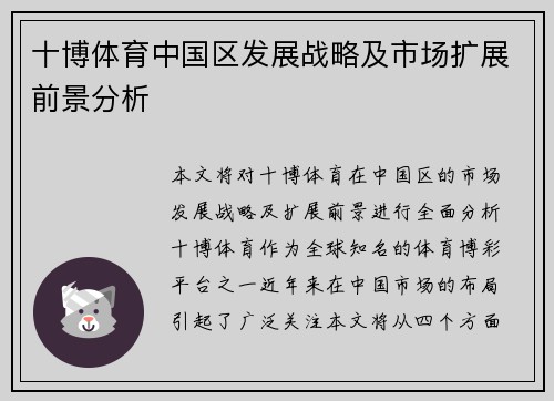 十博体育中国区发展战略及市场扩展前景分析